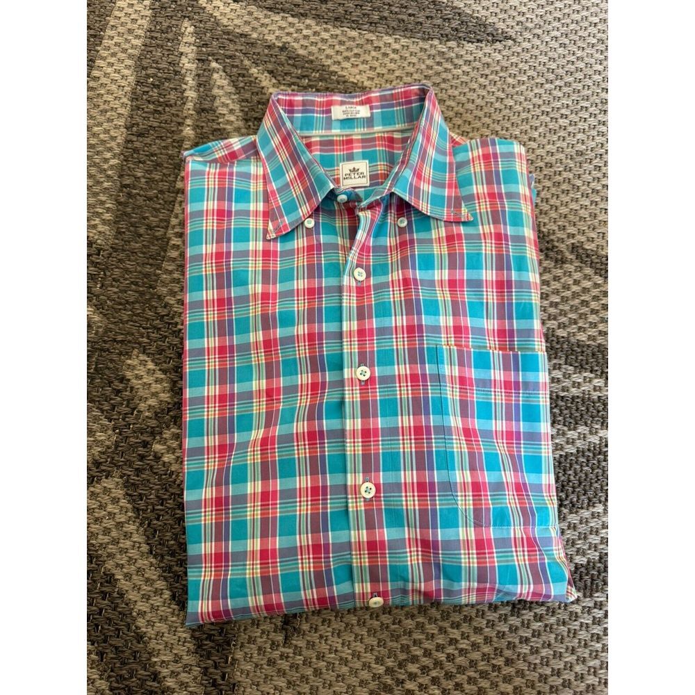 Peter Millar Shirt Mens L Crown Crafted Performance Button Down Pink Blue Plaid - Picture 2 of 6